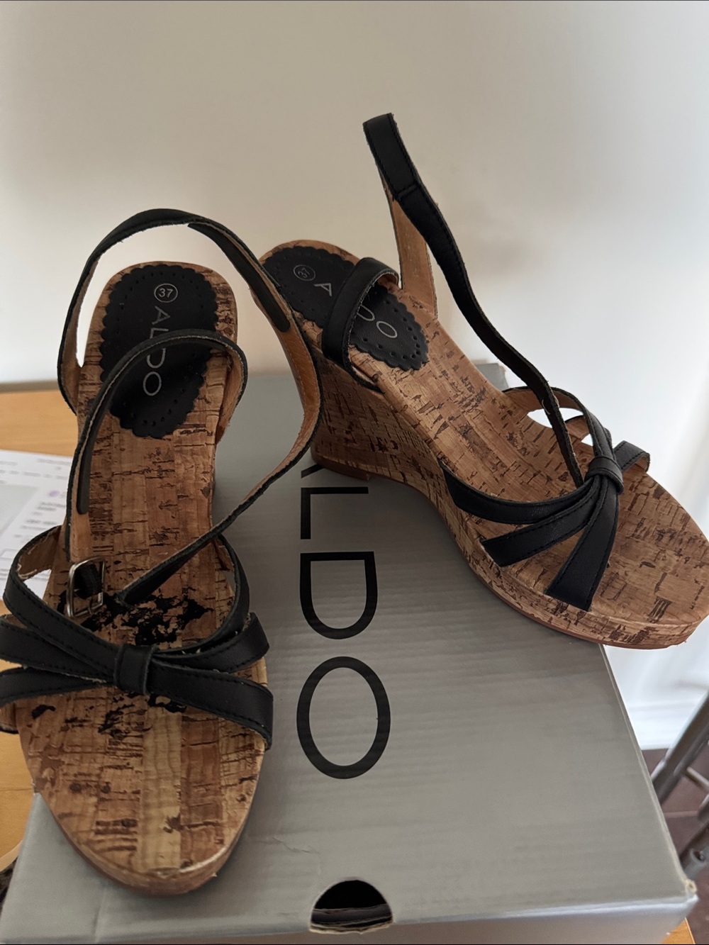 Aldo Black Leather Cork Wedge Sandals with Knot Detail